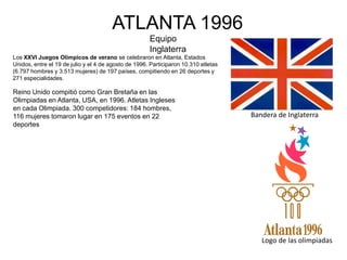 ATLANTA 1996
                                                      Equipo
                                                      Inglaterra
Los XXVI Juegos Olímpicos de verano se celebraron en Atlanta, Estados
Unidos, entre el 19 de julio y el 4 de agosto de 1996. Participaron 10.310 atletas
(6.797 hombres y 3.513 mujeres) de 197 países, compitiendo en 26 deportes y
271 especialidades.

Reino Unido compitió como Gran Bretaña en las
Olimpiadas en Atlanta, USA, en 1996. Atletas Ingleses
en cada Olimpiada. 300 competidores: 184 hombres,
116 mujeres tomaron lugar en 175 eventos en 22                                       Bandera de Inglaterra
deportes




                                                                                        Logo de las olimpiadas
 