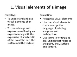 1. Visual elements of a image
Objectives:
• To understand and use
visual elements of an
image.
• To create image and
express oneself using and
experimenting with the
expressive characteristic
of the point,the line, the
surface and the texture.
Evaluation:
• Recognise visual elements
• Use the visual elements
that make up the
language of painting,
sculpture and
architecture.
• Use terms in writing and
oral English that relate to
the point, line , surface
and texture.
 