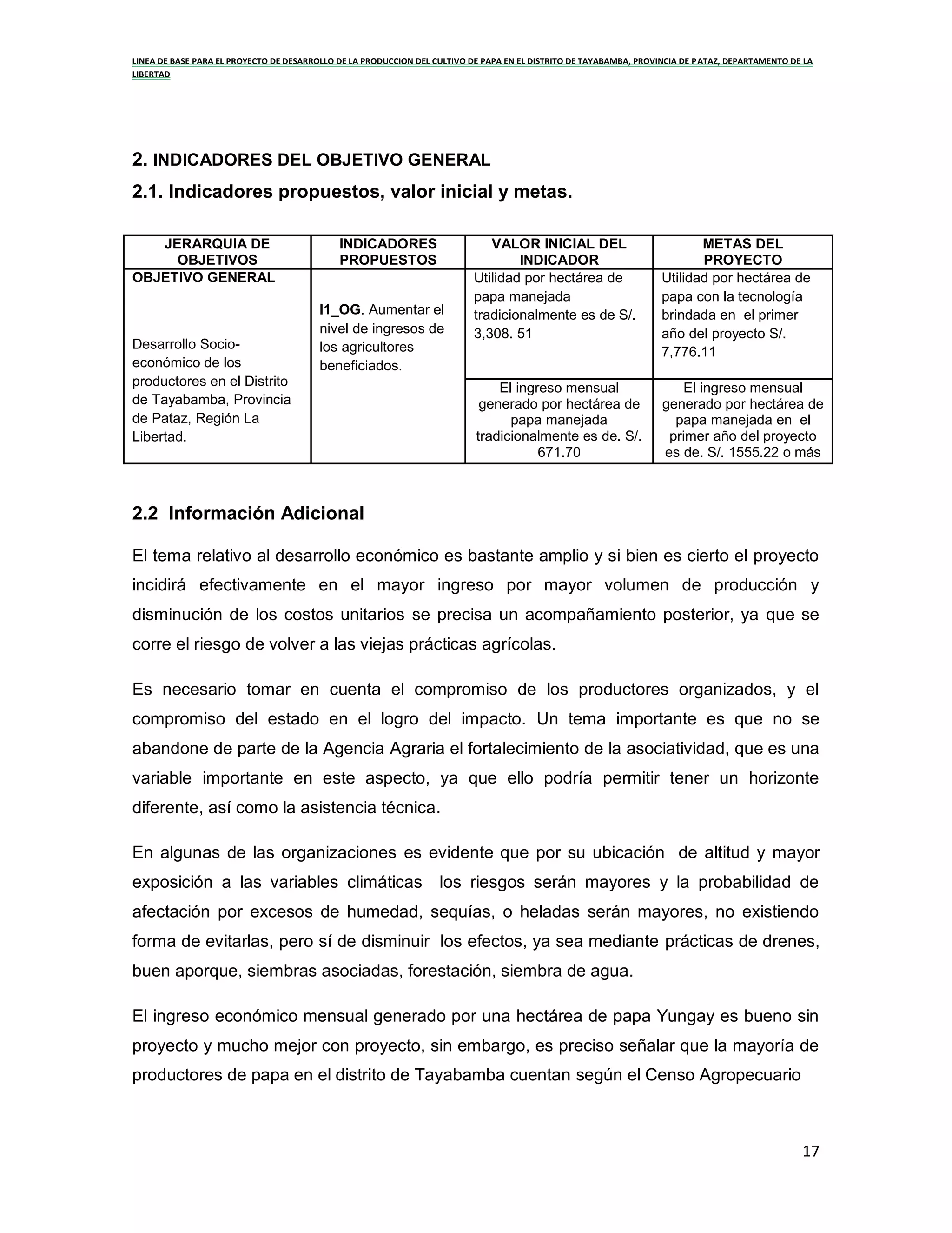 Linea de base para productores de papa del distrito de tayabamba