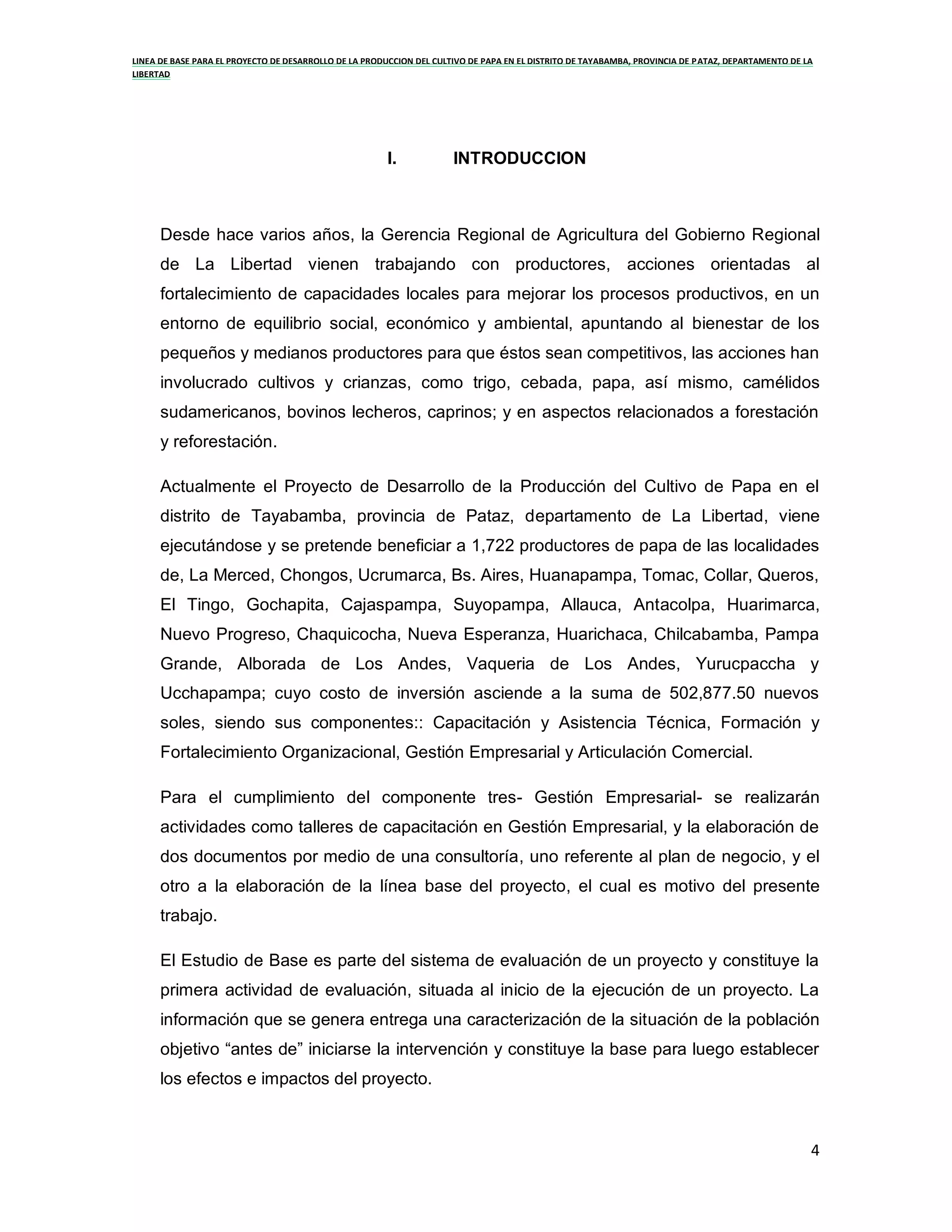 Linea de base para productores de papa del distrito de tayabamba