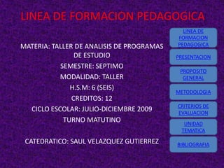 LINEA DE FORMACION PEDAGOGICA
                                             LINEA DE
                                           FORMACION
MATERIA: TALLER DE ANALISIS DE PROGRAMAS   PEDAGOGICA

                DE ESTUDIO                 PRESENTACION
           SEMESTRE: SEPTIMO
                                            PROPOSITO
           MODALIDAD: TALLER                 GENERAL
              H.S.M: 6 (SEIS)
                                           METODOLOGIA
               CREDITOS: 12
                                           CRITERIOS DE
  CICLO ESCOLAR: JULIO-DICIEMBRE 2009      EVALUACION
            TURNO MATUTINO                   UNIDAD
                                            TEMATICA

 CATEDRATICO: SAUL VELAZQUEZ GUTIERREZ     BIBLIOGRAFIA
 