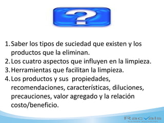 1.Saber los tipos de suciedad que existen y los
productos que la eliminan.
2.Los cuatro aspectos que influyen en la limpieza.
3.Herramientas que facilitan la limpieza.
4.Los productos y sus propiedades,
recomendaciones, características, diluciones,
precauciones, valor agregado y la relación
costo/beneficio.
 