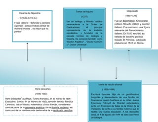 Aristoteles
Hipa tía de Alejandría
( 370 d.c-4315 d.c)
Frase célebre : „‟defiende tu derecho
a pensar , porque incluso pensar de
manera errónea , es mejor que no
pensar‟‟
Tomas de Aquino
(1225)
fue un teólogo y filósofo católico
perteneciente a la Orden de
Predicadores, el principal
representante de la tradición
escolástica, y fundador de la
escuela tomista de teología y
filosofía. Es conocido también como
"Doctor Angélico" , "Doctor Común"
y " Doctor Universal".
Maquiavelo
(1469-1571)
Fue un diplomático, funcionario
público, filósofo político y escritor
italiano. Fue asimismo una figura
relevante del Renacimiento
italiano. En 1513 escribió su
tratado de doctrina política
titulado El Príncipe, publicado
póstumo en 1531 en Roma.
René descartes
(1596-1650)
René Descartes1
(La Haye, Turena francesa, 31 de marzo de 1596 -
Estocolmo, Suecia, 11 de febrero de 1650), también llamado Renatus
Cartesius, fue un filósofo, matemático y físico francés, considerado
como el padre de la geometría analítica y de la filosofía moderna, así
como uno de los nombres más destacados de la revolución científica.
Marie de rabutin shantal
( 1626-1696)
Escritora francesa Hija de un gentilhombre
borgoñés y descendiente de una familia de
financieros, quedó huérfana en su niñez. Juana
Francisca Frémyot de Chantal cofundadora
junto con Francisco de Sales de la Orden de la
Visitación, la confió a su familia materna que le
facilitó una buena educación. A los dieciocho
años, el 4 de agosto de 1644 se casó con Henri
de Sévigné.
 