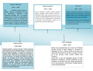 Eleonora Marx
(1855-1898)
Activista política y autora marxista. Tradujo diversas
obras literarias como: Madame Bovary. La dama del
Mar Enemigo del pueblo. “Demasiado a menudo las
mujeres están obligadas a vender su feminidad a
cambio de pan. Pero para los socialistas la mujer es
un ser humana y no puede ser tenida en común”.
Eleanor se empapó de las ideas revolucionarias
desde su infancia. Integraba un grupo de teatro que
hacía obras para colaborar con el movimiento
sindical y socialista. Todas sus actividades estaban
cargadas de la convicción de que podemos
transformar la realidad y que el cambio viene de la
mano de la clase trabajadora.
Federico Nietzsche
(1844 – 1900)
Fue un filósofo, poeta, músico y
filólogo alemán, considerado uno de
los pensadores modernos más
influyentes del siglo XIX. La manera
griega de ver el mundo, es interpretada
por Nietzsche como un síntoma de
decadencia. Es decadente todo aquello
que se opone a todos los valores del
existir instintivo y biológico del hombre.
Maria montessuri
(1870 – 1952)
Fue una educadora, científica, médica, psiquiatra,
filósofa, psicóloga, devota católica, feminista, y
humanista italiana. Dejo una gran herencia en su
creación de la Metodología Montessori que comenzó
en Italia y es tanto un método como una filosofía de
la educación. Fue desarrollada a partir de sus
experiencias con niños en riesgo social.
Marin Heidegger
(1889 – 1976)
Influyó muy especialmente en la obra de la filósofa
Hannah Arendt. El estilo didáctico y escritural de
Heidegger en Ser y Tiempo, influyó en el estilo que
utiliza Jean-Paul Sartre en El Ser y La Nada e incluso
en el de Jacques Lacan cuando redacta sus
"Escritos".
Ahora bien, la obra de Heidegger aborda, al tratar
problemas ontológicos, también problemas de tipo
semiótico; es de este modo que influye directamente
en los hermenéuticos: Paul Ricoeur, Rüdiger Bubner
y Hans-Georg Gadamer.
Edith stein
(1891 – 1942)
Judía de nacimiento, abraza la fe católica ya
siendo profesora de universidad y reconocida
filósofa. Entra en las Carmelitas descalzas y
muere víctima de los nazis en Aushwitz.
Su testimonio ilustra dos temas inseparables:
La unidad entre el judaísmo y la fe católica y
el valor del sufrimiento.
 