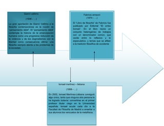 Gianni vattimo
(1936 - …)
La gran aportación de Gianni Vattimo a la
filosofía contemporánea es la noción de
“pensamiento débil”. El “pensamiento débil”
contempla la historia de la emancipación
humana como una progresiva reducción de
la violencia y de los dogmatismos con la
libertad como consecuencia última: una
filosofía siempre atenta a los problemas de
la sociedad.
Ismael martinez – liebana
(1958 - …)
En 2002, Ismael Martínez-Liébana consiguió
algo único, tanto que ninguna otra persona lo
ha logrado todavía: convertirse en el primer
profesor titular ciego en la Universidad
española. Ismael acude cada día a la
Facultad de Filosofía de Madrid a enseñar a
sus alumnos los vericuetos de la metafísica.
Fabricio simeoni
(1974 - …)
El “Libro de filosofía” de Fabricio fue
publicado por Editorial “El ombú
bonsái”. En el libro reúne un
conjunto heterogéneo de trabajos
con un denominador común, que
oscila entre lo reflexivo y lo
especulativo, y temas que se afilian
a la tradición filosófica de occidente
 