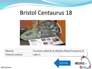 Bristol Centaurus 18




    Motores             Un motor radial de 18 cilindros Bristol Centaurus 18
    Potencia unitaria   2480 cv


                                                  VOLVER
06/03/2011
 