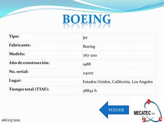 Tipo:                  Jet
   Fabricante:            Boeing
   Modelo:                767-200
   Año de construcción:   1988
   No. serial:            24007
   Lugar:                 Estados Unidos, California, Los Angeles
   Tiempo total (TTAF):   58842 h



                                        VOLVER

06/03/2011
 