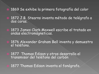 1869 Se exhibe la primera fotografía del color1872 J.B. Stearns inventa método de telégrafo a dos caras.1873 James Clark Maxwell escribe el tratado en ondas electromágneticas.1876 Alexander Graham Bell inventa y demuestra el teléfono.1877 Thomas Edison y otros desarrolla el transmisor del teléfono del carbón1877 Thomas Edison inventa el fonógrafo.