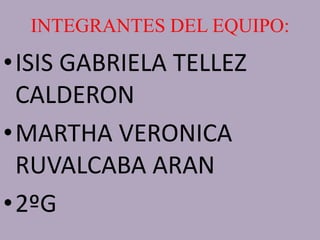 INTEGRANTES DEL EQUIPO:
•ISIS GABRIELA TELLEZ
 CALDERON
•MARTHA VERONICA
 RUVALCABA ARAN
•2ºG
 