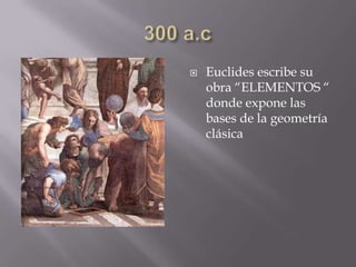  Euclides escribe su
obra “ELEMENTOS “
donde expone las
bases de la geometría
clásica
 