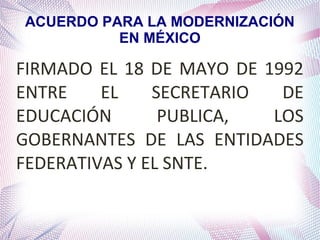 ACUERDO PARA LA MODERNIZACIÓN
EN MÉXICO

FIRMADO EL 18 DE MAYO DE 1992
ENTRE
EL
SECRETARIO
DE
EDUCACIÓN
PUBLICA,
LOS
GOBERNANTES DE LAS ENTIDADES
FEDERATIVAS Y EL SNTE.

 