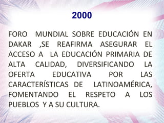 2000
FORO MUNDIAL SOBRE EDUCACIÓN EN
DAKAR ,SE REAFIRMA ASEGURAR EL
ACCESO A LA EDUCACIÓN PRIMARIA DE
ALTA CALIDAD, DIVERSIFICANDO LA
OFERTA
EDUCATIVA
POR
LAS
CARACTERÍSTICAS DE LATINOAMÉRICA,
FOMENTANDO EL RESPETO A LOS
PUEBLOS Y A SU CULTURA.

 