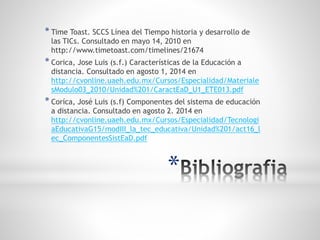*
* Time Toast. SCCS Línea del Tiempo historia y desarrollo de
las TICs. Consultado en mayo 14, 2010 en
http://www.timetoast.com/timelines/21674
* Corica, Jose Luis (s.f.) Características de la Educación a
distancia. Consultado en agosto 1, 2014 en
http://cvonline.uaeh.edu.mx/Cursos/Especialidad/Materiale
sModulo03_2010/Unidad%201/CaractEaD_U1_ETE013.pdf
* Coríca, José Luis (s.f) Componentes del sistema de educación
a distancia. Consultado en agosto 2. 2014 en
http://cvonline.uaeh.edu.mx/Cursos/Especialidad/Tecnologi
aEducativaG15/modIII_la_tec_educativa/Unidad%201/act16_l
ec_ComponentesSistEaD.pdf
 