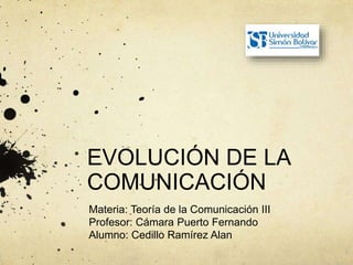 EVOLUCIÓN DE LA
COMUNICACIÓN
Materia: Teoría de la Comunicación III
Profesor: Cámara Puerto Fernando
Alumno: Cedillo Ramírez Alan
 
