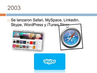 2003 
 Se lanzaron Safari, MySpace, Linkedin, 
Skype, WordPress y iTunes Store. 
 