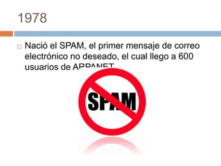 1978 
 Nació el SPAM, el primer mensaje de correo 
electrónico no deseado, el cual llego a 600 
usuarios de ARPANET. 
 