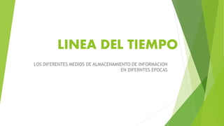 LINEA DEL TIEMPO 
LOS DIFERENTES MEDIOS DE ALMACENAMIENTO DE INFORMACION 
EN DIFERNTES EPOCAS 
 