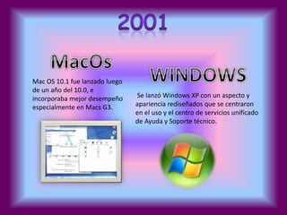 Mac OS 10.1 fue lanzado luego 
de un año del 10.0, e 
incorporaba mejor desempeño 
especialmente en Macs G3. 
Se lanzó Windows XP con un aspecto y 
apariencia rediseñados que se centraron 
en el uso y el centro de servicios unificado 
de Ayuda y Soporte técnico. 
 