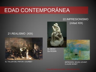 EDAD CONTEMPORÁNEA
21.REALISMO (XIX)
22.IMPRESIONISMO
(mitad XIX)
Línea del tiempo en el arte. Leticia Martínez Ruíz
IMPRESIÓN. SOLEIL LEVANT.
CLAUDE MONET
EL TALLER DEL PINTOR. COURBET
EL BESO
De RODIN
 