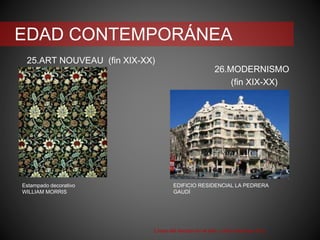 EDAD CONTEMPORÁNEA
25.ART NOUVEAU (fin XIX-XX)
26.MODERNISMO
(fin XIX-XX)
Línea del tiempo en el arte. Leticia Martínez Ruíz
EDIFICIO RESIDENCIAL LA PEDRERA
GAUDÍ
Estampado decorativo
WILLIAM MORRIS
 