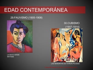 EDAD CONTEMPORÁNEA
29.FAUVISMO (1905-1908)
30.CUBISMO
(1907-1914)
Línea del tiempo en el arte. Leticia Martínez Ruíz
LAS SEÑORITAS DE AVIÑON.PICASSO
LA RAYA VERDE
MATISSE
 
