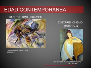 EDAD CONTEMPORÁNEA
31.FUTURISMO (1909-1930)
32.EXPRESIONISMO
(1910-1945)
Línea del tiempo en el arte. Leticia Martínez Ruíz
RETRATO DE JEANNE HEBOUTERME
MODIGLIANI
DINAMISMO DE UN CICLISTA
BOCCIONI
 