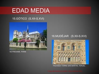EDAD MEDIA
15.GÓTICO (S.XII-S.XVI)
16.MUDÉJAR (S.XII-S.XVI)
Línea del tiempo en el arte. Leticia Martínez Ruíz
FACHADA TORRE SAN MARTIN, TERUEL
NOTREDAME, PARIS
 