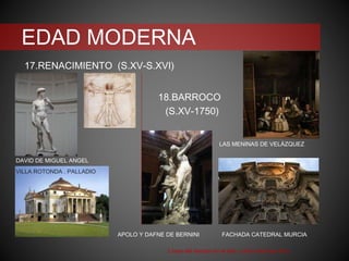 EDAD MODERNA
17.RENACIMIENTO (S.XV-S.XVI)
18.BARROCO
(S.XV-1750)
Línea del tiempo en el arte. Leticia Martínez Ruíz
FACHADA CATEDRAL MURCIA
DAVID DE MIGUEL ANGEL
APOLO Y DAFNE DE BERNINI
LAS MENINAS DE VELÁZQUEZ
VILLA ROTONDA . PALLADIO
 