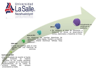 Septiembre de 2004
•Con el propósito de revertir el fuerte
rezago existente en materia
educativa en los niveles escolares
medio y superior en el municipio de
Nezahualcóyotl, en se colocó la
primera piedra del campus
universitario La Salle.
2006-2007
• Abrió sus puertas para el ciclo
escolar, con una matrícula de
500 alumnos.
Junio de 2011
•Se inauguran las canchas deportivas de
básquetbol, futbol rápido, frontón y el Centro
Deportivo Infantil Dominical “Alfredo Harp
Calderoni” .
2013
• Se inaugura el área de Educación a
Distancia en donde se desarrollaran
cursos, diplomados y maestrías en línea.
• Actualmente se
construye el
auditorio.
 