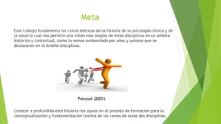 Meta
Este trabajo fundamenta las raíces teóricas de la historia de la psicología clínica y de
la salud la cual nos permite una visión mas amplia de estas disciplinas en un ámbito
histórico y contextual, como lo vemos evidenciado por años y autores que se
destacaron en el ámbito disciplinar.
Conocer a profundida este historia nos ayuda en el proceso de formacion para la
conceptualizacion y fundamentacion teorica de las ramas de estas dos disciplinas.
Psicosol (2001)
 