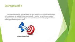Extrapolación
Podemos demostrar una precisa correlación en la temática y el desarrollo profesional,
en la medida que las fecundaciones van avanzando y consigo las tecnologías cosa que
exige una mayor excavación conceptual para ser un trabajo competitivo y optimo para las
terapias de las nuevas generaciones.
Ojetivomets (2008)
 