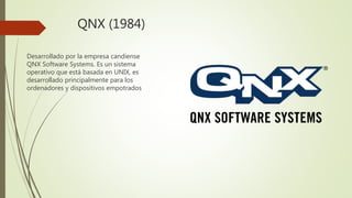 QNX (1984)
Desarrollado por la empresa candiense
QNX Software Systems. Es un sistema
operativo que está basada en UNIX, es
desarrollado principalmente para los
ordenadores y dispositivos empotrados
 