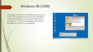 Windows 98 (1998)
Se agregaron mejoras a la interfaz de usuario por
medio de actualizaciones de escritorio Windows
de Internet Explorer 4, ya se podía minimizar la
ventana con un click y se agregaron los botones
de adelante y atrás en la navegación
 