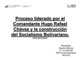 Proceso liderado por el
Comandante Hugo Rafael
Chávez y la construcción
del Socialismo Bolivariano.
Estudiante:
Nayelis Ollarves
C.I: 31.550.060
PNF en Administración
AD-0103
Línea del tiempo
 