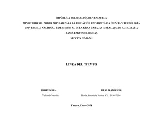 REPÚBLICA BOLIVARIANA DE VENEZUELA
MINISTERIO DEL PODER POPULAR PARA LA EDUCACIÓN UNIVERSITARIA CIENCIA Y TECNOLOGÍA
UNIVERSIDAD NACIONAL EXPERIMENTAL DE LA GRAN CARACAS (UNEXCA) SEDE ALTAGRACIA
BASES EPISTEMOLÓGICAS
SECCIÓN CP-30-541
LINEA DEL TIEMPO
PROFESORA: REALIZADO POR:
Yelenni González María Antonieta Muñoz C.I.: 18.487.004
Caracas, Enero 2024
 