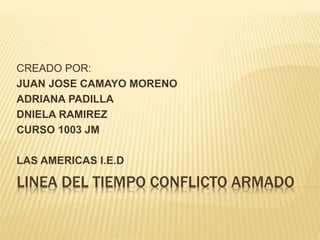 CREADO POR: 
JUAN JOSE CAMAYO MORENO 
ADRIANA PADILLA 
DNIELA RAMIREZ 
CURSO 1003 JM 
LAS AMERICAS I.E.D 
LINEA DEL TIEMPO CONFLICTO ARMADO 
 