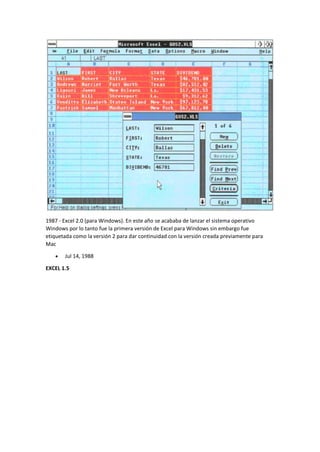 1987 - Excel 2.0 (para Windows). En este año se acababa de lanzar el sistema operativo
Windows por lo tanto fue la primera versión de Excel para Windows sin embargo fue
etiquetada como la versión 2 para dar continuidad con la versión creada previamente para
Mac
• Jul 14, 1988
EXCEL 1.5
 