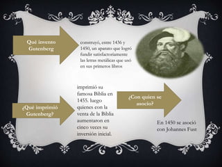 Qué invento
Gutenberg
construyó, entre 1436 y
1450, un aparato que logró
fundir satisfactoriamente
las letras metálicas que usó
en sus primeros libros
¿Qué imprimió
Gutenberg?
imprimió su
famosa Biblia en
1455. luego
quienes con la
venta de la Biblia
aumentaron en
cinco veces su
inversión inicial.
¿Con quien se
asocio?
En 1450 se asoció
con Johannes Fust
 
