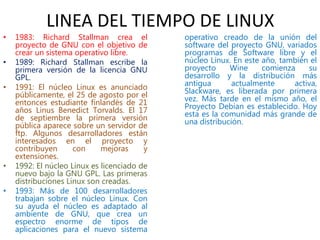 LINEA DEL TIEMPO DE LINUX
• 1983: Richard Stallman crea el
proyecto de GNU con el objetivo de
crear un sistema operativo libre.
• 1989: Richard Stallman escribe la
primera versión de la licencia GNU
GPL.
• 1991: El núcleo Linux es anunciado
públicamente, el 25 de agosto por el
entonces estudiante finlandés de 21
años Linus Benedict Torvalds. El 17
de septiembre la primera versión
pública aparece sobre un servidor de
ftp. Algunos desarrolladores están
interesados en el proyecto y
contribuyen con mejoras y
extensiones.
• 1992: El núcleo Linux es licenciado de
nuevo bajo la GNU GPL. Las primeras
distribuciones Linux son creadas.
• 1993: Más de 100 desarrolladores
trabajan sobre el núcleo Linux. Con
su ayuda el núcleo es adaptado al
ambiente de GNU, que crea un
espectro enorme de tipos de
aplicaciones para el nuevo sistema
operativo creado de la unión del
software del proyecto GNU, variados
programas de Software libre y el
núcleo Linux. En este año, también el
proyecto Wine comienza su
desarrollo y la distribución más
antigua actualmente activa,
Slackware, es liberada por primera
vez. Más tarde en el mismo año, el
Proyecto Debian es establecido. Hoy
esta es la comunidad más grande de
una distribución.
 