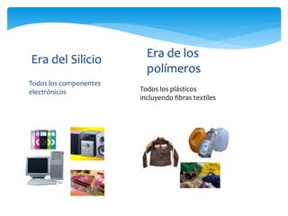 Todos los componentes
electrónicos
Era del Silicio Era de los
polímeros
Todos los plásticos
incluyendo fibras textiles
 