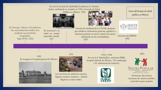 Se reconoció a la
salud un campo
especifico estatal.
1917
En Europa y México el hospital no
fue una institución medica ni la
medicina una profesión
hospitalaria.
Siglo XVII y XIX.
1905
Se inaugura el hospital general de México.
Se creo la escuela de salubridad, la primera en América
latina, cambiando su nombre en 1956 a Escuela de Salud
Publica en México 1922 Línea del tiempo de salud
publica en México
Creación del ISSSTE
1960
Los servicios de salud, las vacunas,
higiene escolar y materno – infantil
llegaron a zonas rurales.
1943 y 1944
Se crea la S. Salubridad y asistencia IMSS,
hospital infantil, de México, I.N cardiología
y H. enfermería de nutrición.
Escuela de medicina de la UNAM propone
que médicos, enfermeras, parteras, químicos y
dentistas pasaran un cierto numero de meses
trabajando en las comunidades.
1935
1931 2003
Estructura del sistema
mexicano de salud en publico
y privado seguro popular.
 