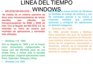 LINEA DEL TIEMPO
WINDOWS• MS-DOS|1981MS-DOS –
Se trataba de un sistema operativo de
disco para microcomputadoras de tareas
sencillas, que utilizaba los
microprocesadores de 8086 y 8008 de
Intel. Con la llegada del MS-DOS 2.0, se
mostraba un menú de usuario que
mostraba las aplicaciones y comandos
más utilizados.
• Windows 1.0| 1985
Con su llegada en 1985 y sin el mouse
como herramienta indispensable, la
nueva cara del MS-DOS pasó de una
simple línea, a utilizar toda la pantalla
para trabajar. Llegaron aplicaciones como
Paint, Calculator, Notepad y Write.
• Windows 3.0| 1990
Para 1990, la nueva versión de Windows
ya facilitaba el manejo de archivos y uso
de comandos gracias a su nueva y
mejorada interface que permitía
acomodar y configurar las aplicaciones
en distintas categorías.
• Windows 95 | 1995
En 1995, Jennifer Aniston y Matthew
Perry presentan una guía de instalación
del nuevo sistema operativo de Microsoft,
cuya interface ofrece un escritorio con los
íconos de los programas, documentos y
directorios, además de la capacidad de
mostrar un menú de opciones al dar clic
derecho en cualquier ícono.
 