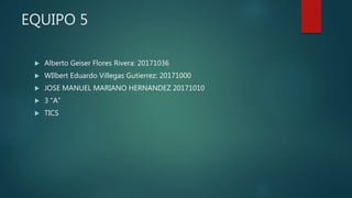 EQUIPO 5
 Alberto Geiser Flores Rivera: 20171036
 WIlbert Eduardo Villegas Gutierrez: 20171000
 JOSE MANUEL MARIANO HERNANDEZ 20171010
 3 “A”
 TICS
 