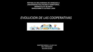 REPUBLICA BOLIVARIANA DE VENEZUELA
UNIVERSIDAD POLITECNICA TERRITORIAL
ANDRES ELOY BLANCO
BARQUISIMETO ESTADO LARA
EVOLUCION DE LAS COOPERATIVAS
MARTINEZ MARIA C.I 15.817.312
PNF: CONTADURIA
SECCION CO1303
 