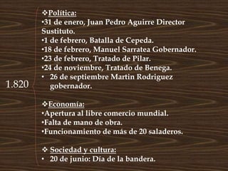 1.820
Política:
•31 de enero, Juan Pedro Aguirre Director
Sustituto.
•1 de febrero, Batalla de Cepeda.
•18 de febrero, Manuel Sarratea Gobernador.
•23 de febrero, Tratado de Pilar.
•24 de noviembre, Tratado de Benega.
• 26 de septiembre Martin Rodriguez
gobernador.
Economía:
•Apertura al libre comercio mundial.
•Falta de mano de obra.
•Funcionamiento de más de 20 saladeros.
 Sociedad y cultura:
• 20 de junio: Día de la bandera.
 