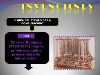 I N V E N C I ON E S  “LINEA DEL TIEMPO DE LA COMPUTACION” 1833 Charles Babbage (1793-1871) ideo la primera maquina procesadora de información. 