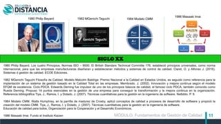 11
SIGLO XX
1980 Philip Bayard 1982 MGenichi Taguchi 1984 Modelo CMM
1986 Masaaki Imai
1980 Philip Bayard. Los cuatro Principios. Normas ISO – 9000. El British Standars Technical Committe 176, estableció principios universales, como norma
internacional, para que las empresas manufactureras diseñaran y establecieran métodos y sistemas de control de calidad. Claret, O. y Alfonso J. (2016).
Sistemas d gestión de calidad. ECOE Ediciones.
1982 MGenichi Taguchi Filosofía de Calidad. Modelo Malcolm Baldrige: Premio Nacional a la Calidad en Estados Unidos, es seguido como referencia para la
implantación de un sistema de gestión basado en la Calidad Total en las empresas. Membrado, J. (2002). Innovación y mejora continua según el modelo
EFQM de excelencia. Ciclo PDCA. Edwards Deming fue impulsor de uno de los principios básicos de calidad, el famoso ciclo PDCA, también conocido como
Rueda Deming. Propuso 14 puntos esenciales en la gestión de una empresa para conseguir la transformación y la mejora continua en la organización.
Referencia bibliográfica Tiya, J., Ramos, I. y Dolado, J. (2007). Técnicas cuantitativas para la gestión en la ingeniería de software. Netbiblo. P. 9.
1984 Modelo CMM. Watts Humphrey, en la parrilla de madurez de Crosby, aplicó conceptos de calidad a procesos de desarrollo de software y propició la
creación del modelo CMM. Tiya, J., Ramos, I. y Dolado, J. (2007). Técnicas cuantitativas para la gestión en la ingeniería de software.
Educación de calidad para todos, Organización para la Cooperación y el Desarrollo Económicos.
1986 Masaaki Imai. Fundo el Instituto Kaizen MÓDULO: Fundamentos de Gestión de Calidad
 