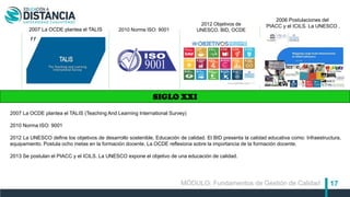 17
SIGLO XXI
2007 La OCDE plantea el TALIS 2010 Norma ISO: 9001
2012 Objetivos de
UNESCO, BID, OCDE
2006 Postulaciones del
PIACC y el ICILS. La UNESCO .
2007 La OCDE plantea el TALIS (Teaching And Learning International Survey)
2010 Norma ISO: 9001
2012 La UNESCO define los objetivos de desarrollo sostenible, Educación de calidad. El BID presenta la calidad educativa como: Infraestructura,
equipamiento. Postula ocho metas en la formación docente. La OCDE reflexiona sobre la importancia de la formación docente.
2013 Se postulan el PIACC y el ICILS. La UNESCO expone el objetivo de una educación de calidad.
MÓDULO: Fundamentos de Gestión de Calidad
 