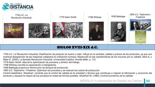 05MÓDULO: Fundamentos de Gestión de Calidad
SIGLOS XVIII-XIX d.C.
1750 d.C. La
Revolución Industrial
1800 d.C. Taylorismo -
Frederick
1750 d.C. La Revolución Industrial: Clasificación de producto en bueno y malo. Influyó en la cantidad, calidad y precios de los productos; ya que una
eventual desaparición de las máquinas colapsaría la civilización humana. Repercutió en las características de los insumos por su calidad. Silva A. y
Mata G. (2005). La llamada Revolución Industrial. Universidad Católica. Andrés Bello. p. 110.
1776 Adam Smith. Idea de la optimización de procesos y división del trabajo.
1798 Whitney concibe la capacitación a trabajadores.
1838 Babbage propone la disminución de tiempos de producción
1800 d.C. Taylorismo - Frederick: Optimizan los procesos y se reducen los costos de producción.
Control estadístico: Shewhart, comenta que el control de calidad es la actividad y técnica que contribuya a mejorar la fabricación y economía del
producto y requiere la mejora de los procesos en todas las formas posibles. Shewhart W. (1980). Control económico de la calidad.
1776 Adam Smith 1798 Whitney 1838 Babbage
 