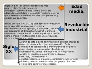 (siglo IX a XV) El sistema feudal es lo más
característico de este tiempo, la                              Edad
propiedad, concretamente la de la tierra, era
adquirida, consolidada y defendida mediante guerras            media.
que sostenían los señores feudales para perpetuar y
ampliar sus dominios.

(mitad del siglo XVII a XIX) Esta época se caracterizó
por la aparición de diversos inventos y                   Revolución
descubrimientos -por ejemplo, la máquina , mismos
que propiciaron el desarrollo industrial y grandes        industrial.
cambios en la organización social. Aquella producción
hecha a mano y limitada pasa a ser una producción
hecha a máquina y en serie.
              A partir de este siglo la administración atravesó etapas de
              desarrollo de notable pujanza e innovación. En la
Siglo         actualidad, la sociedad de la mayor parte de los países
              desarrollados es una sociedad pluralista de
 XX           organizaciones, donde la mayoría de las obligaciones
              sociales es confiada a organizaciones (como
              industrias, universidades y
              escuelas, hospitales, ejército, organizaciones de servicios
              públicos), que son administradas por grupos directivos
              propios para poder ser más eficaces.
 